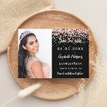 Quinceanera black rose gold photo save the date announcement postcard<br><div class="desc">Add a vertical size photo. A black background colour,  decorated with rose gold faux glitter,  sparkles. Personalize and add a name and the details.</div>