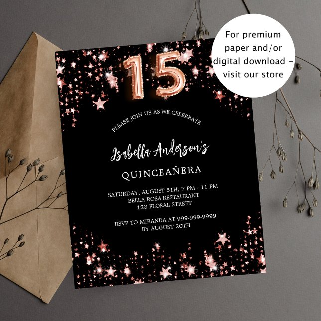 Quinceanera black rose gold star budget invitation flyer (Creator Uploaded)