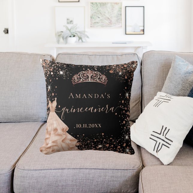 Quinceanera black rose gold tiara dress name throw pillow (Creator Uploaded)