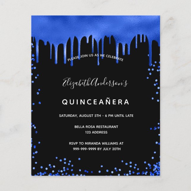 Quinceanera black royal blue budget invitation flyer (Front)
