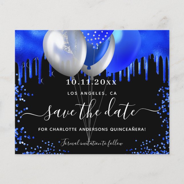 Quinceanera black royal blue budget save the date flyer (Front)