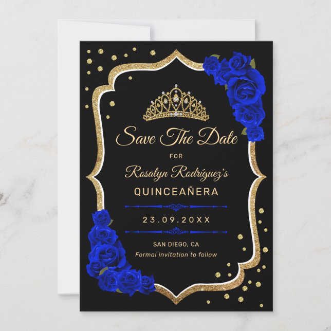 Quinceanera - Black Royal Blue Gold Save The Date (Front)