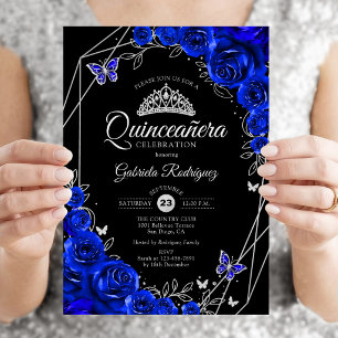 Quinceanera Black Royal Blue Silver Floral Invitation