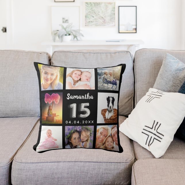 Quinceanera black silver custom photo collage throw pillow (Creator Uploaded)