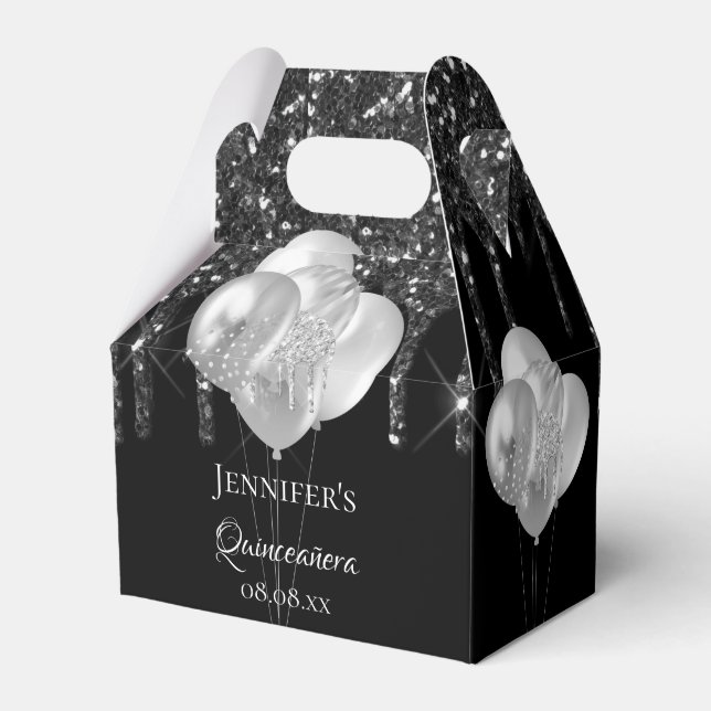 Quinceanera black silver glitter drips balloons favor box (Front Side)