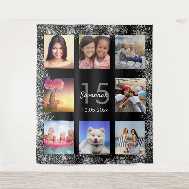 Quinceanera black silver glitter photo collage tapestry (Front)