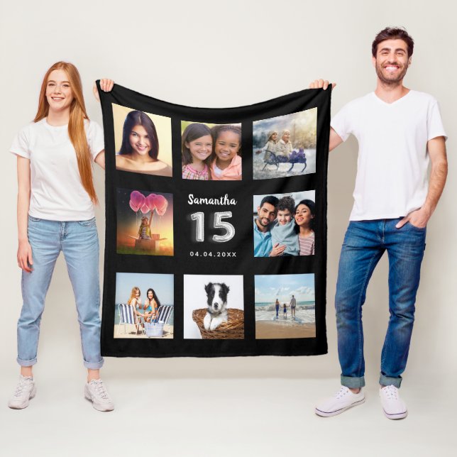 Quinceanera black silver photo collage name fleece blanket (In Situ)