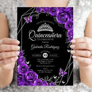 Quinceanera Black Silver Purple Floral Invitation