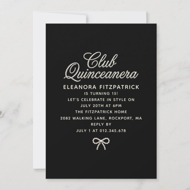 Quinceanera Black White Pearl Script Bow Invitation (Front)