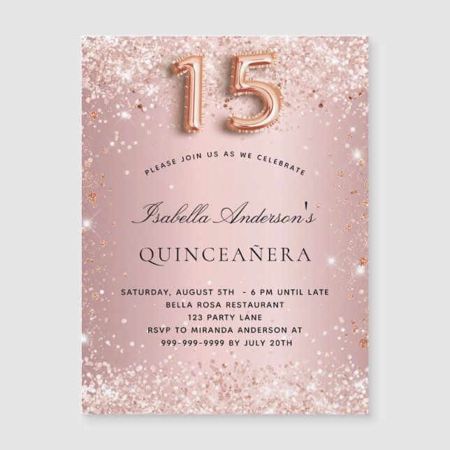 Quinceanera bleu rose rose rose or invitation aima (Devant)