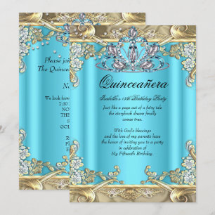 Quinceanera Blue Aqua Teal Gold 15th Birthday Invitation