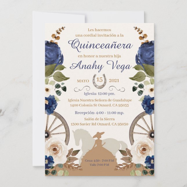 Quinceanera Blue Charra, Watercolor Invitation (Front)