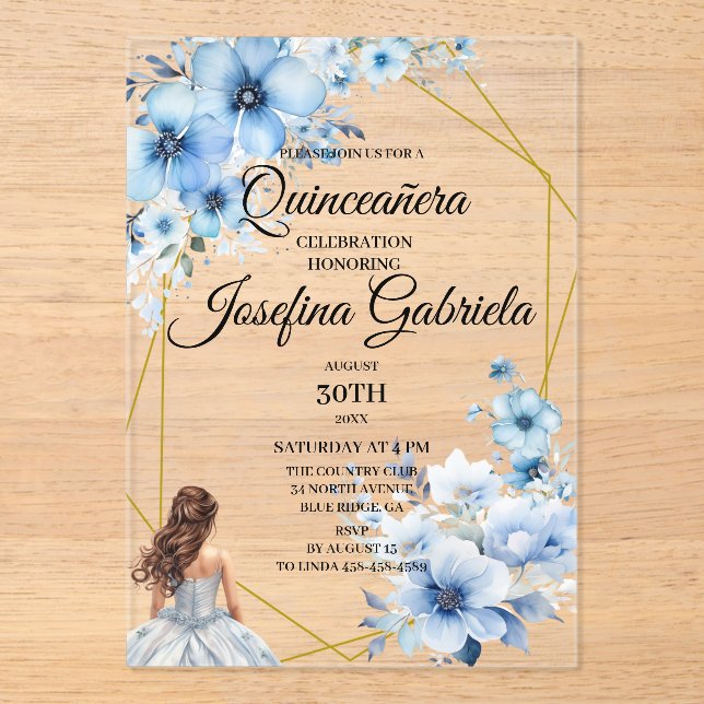 Quinceanera blue floral acrylic invitations (Front)