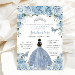 Quinceañera Blue Floral Butterflies Silver Tiara Invitation