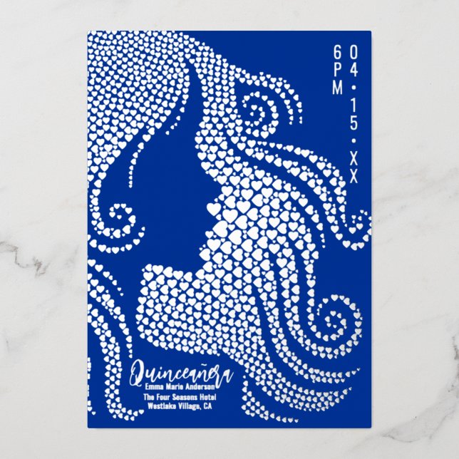Quinceañera Blue Girl Silhouette in Hearts Silver Foil Holiday Card (Front)