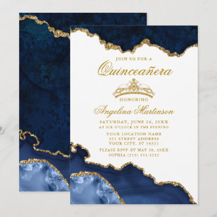 Quinceanera Blue Gold Marble Crown Invitation