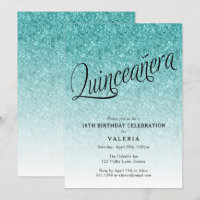 Quinceanera Blue Ombre Glitter Birthday Invitation