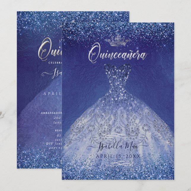 Quinceanera Blue Ombre Glitter Gown Invitation (Front/Back)