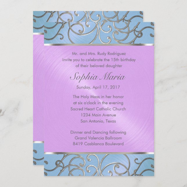 Quinceanera Blue Purple Silver Filigree Swirls Invitation (Front/Back)