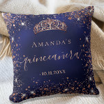 Quinceanera blue rose gold tiara name script throw pillow<br><div class="desc">For an elegant Quinceañera,  15th birthday.  A stylish blue background colour,  the blue colour is uneven. Decorated with rose gold faux glitter dust, a tiara crown. Personalize and add a name,  age and a date. Quinceañera is written with a modern hand lettered style script with swashes.</div>