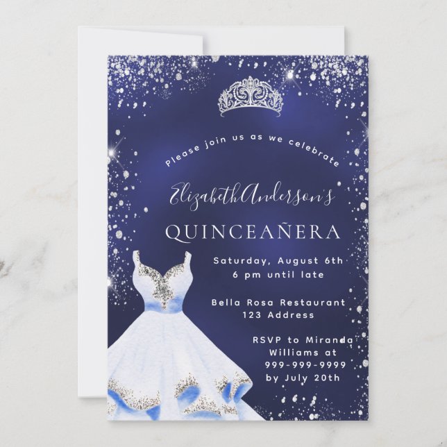 Quinceanera blue silver glitter dress tiara invitation (Front)