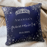 Quinceanera blue silver glitter tiara name script throw pillow<br><div class="desc">For an elegant Quinceañera,  15th birthday.  A stylish blue background colour,  the blue colour is uneven. Decorated with faux silver glitter dust, a tiara crown. Personalize and add a name,  age and a date. Quinceañera is written with a modern hand lettered style script with swashes.</div>