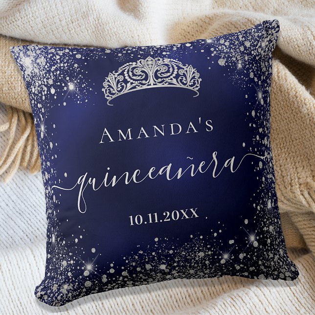 Quinceanera blue silver glitter tiara name script throw pillow (Creator Uploaded)