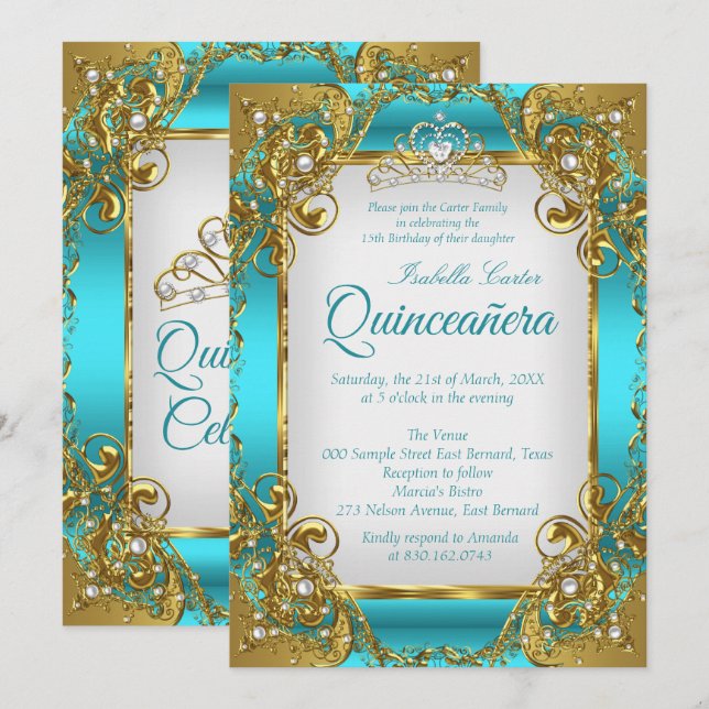 Quinceanera Blue Teal Golden Pearl Tiara Party Invitation (Front/Back)