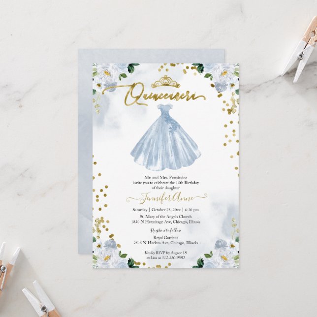 Quinceanera Blue Watercolor Floral Dress Invitation (Front/Back In Situ)