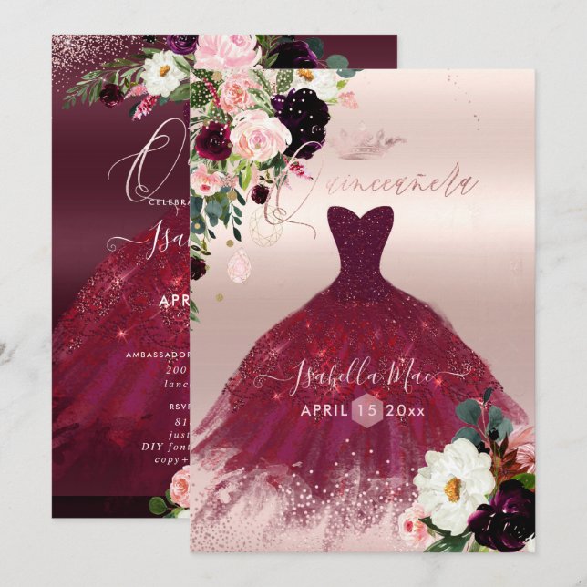 Quinceanera Blush Burgundy Watercolor Flowers Invitation (Front/Back)