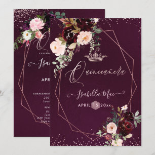 Quinceanera Blush Burgundy Watercolor Flowers Invitation