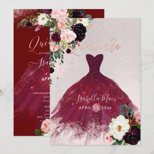 Quinceanera Blush Burgundy Watercolor Flowers Invitation (Front/Back)