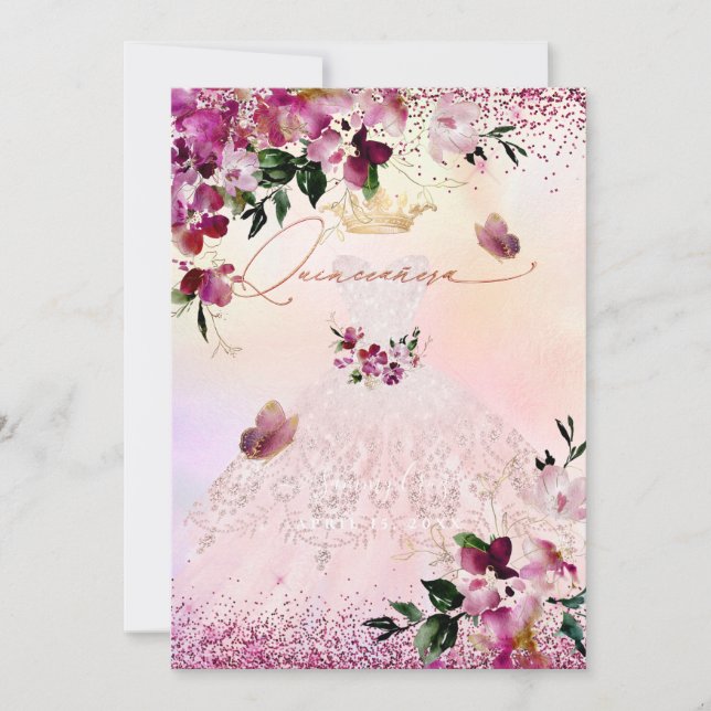 Quinceanera Blush Dress Burgundy Flowers Invitation (Front)