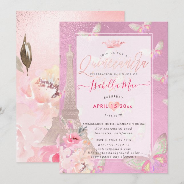 Quinceanera Blush Eiffel Tower, Butterflies Invitation (Front/Back)