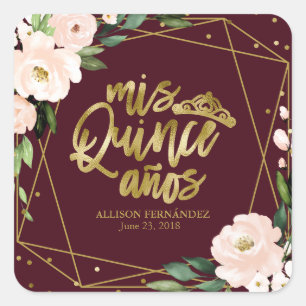 Quinceanera Blush Floral Burgundy Square Sticker