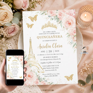Quinceañera Blush Floral Paris Eiffel Champagne  Invitation