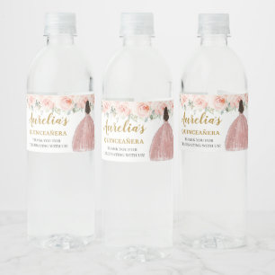 Quinceañera Blush Floral Princess 16th Birthday Water Bottle Label