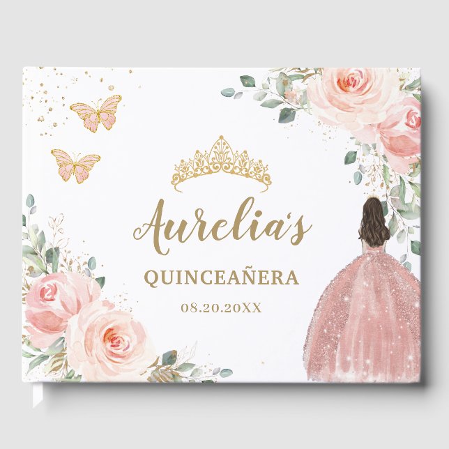 QUINCEANERA Blush Floral Princess Butterflies Gold Guest Book (Front)
