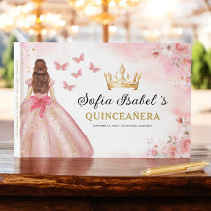 Quinceañera Blush Floral Princess Butterflies Gold Guest Book