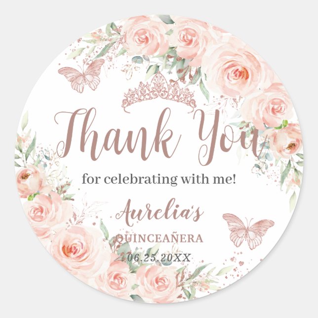 Quinceanera Blush Floral Rose Gold Butterflies Classic Round Sticker (Front)