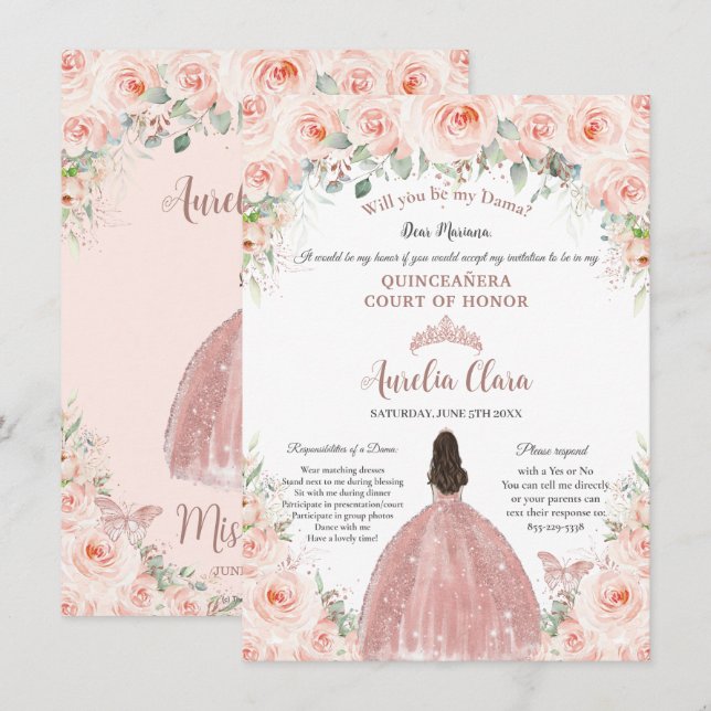 Quinceañera Blush Floral Rose Gold Dama Proposal Invitation (Front/Back)