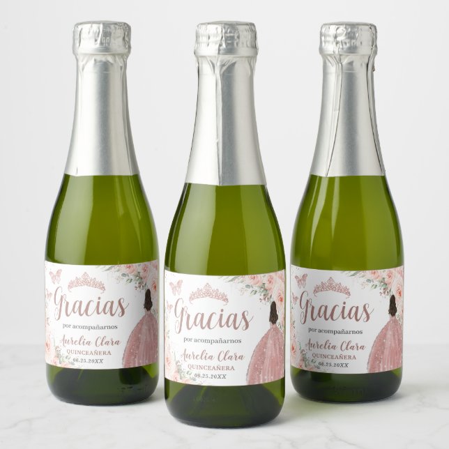 Quinceañera Blush Floral Rose Gold Dress Princess Sparkling Wine Label (Bottles)