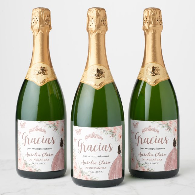Quinceañera Blush Floral Rose Gold Dress Princess Sparkling Wine Label (Bottles)