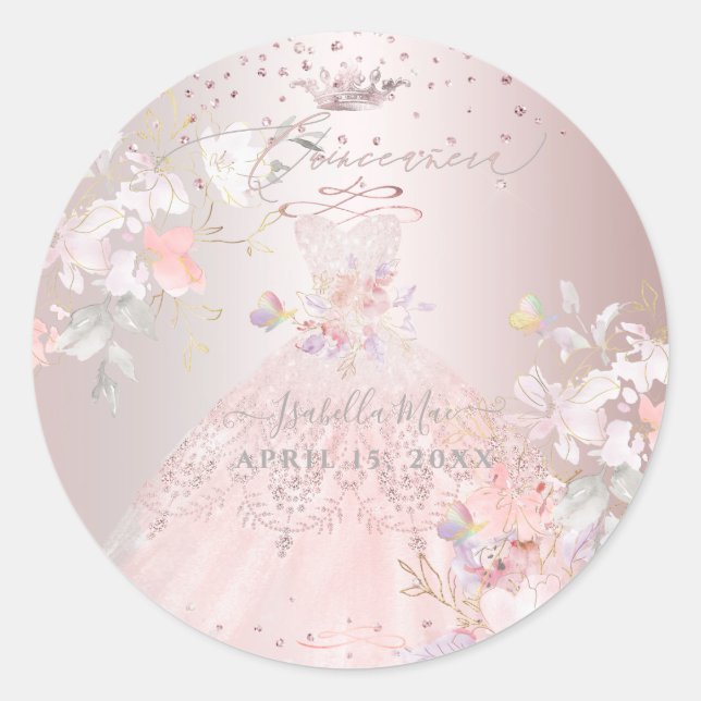 Quinceanera Blush Glitter Gown Sweet Peas Classic Round Sticker (Front)