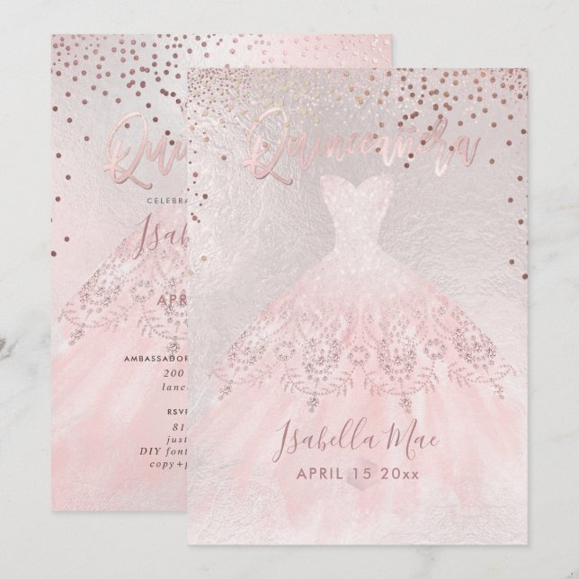 Quinceanera Blush Gown+Confetti Iridescent Bckgrnd Invitation (Front/Back)