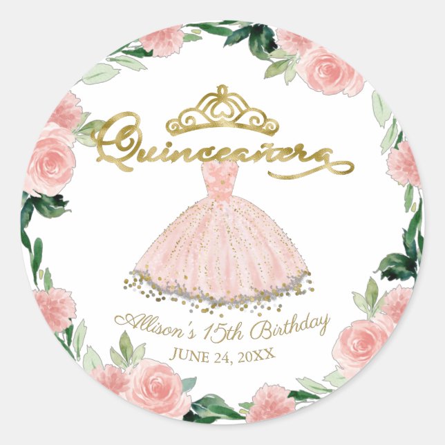 Quinceanera Blush Gown Pink Floral Classic Round S Classic Round Sticker (Front)