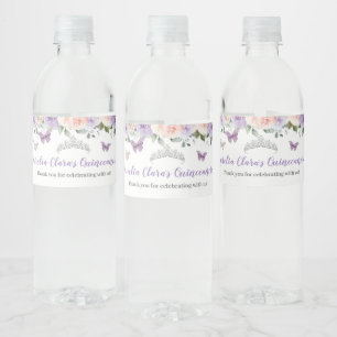 Quinceañera Blush Lilac Floral Silver Butterflies  Water Bottle Label