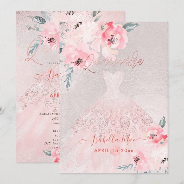 Quinceanera Blush Peonies+Gown Iridescent Bckgrnd Invitation (Front/Back)