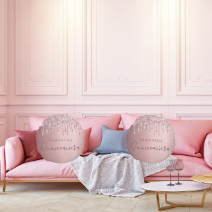 Quinceanera blush pink drips monogram  round pillow