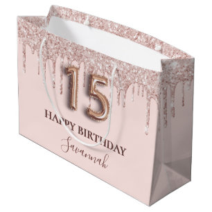 Quinceanera blush pink drips rose gold large gift bag